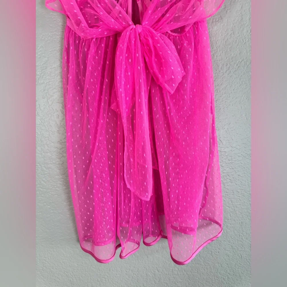 Victoria’s Secret Hot Pink Swiss Dot Sheer Mesh Babydoll Bow Tie Front $80 Small